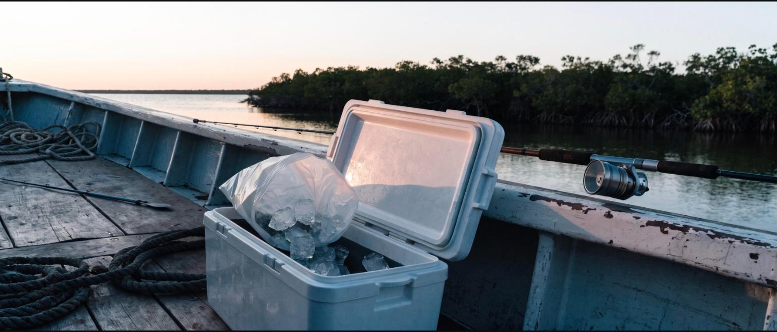 An open cooler with a bag of ice tipped into it on the deck of an inshore skiff at dawn, mangroves behind