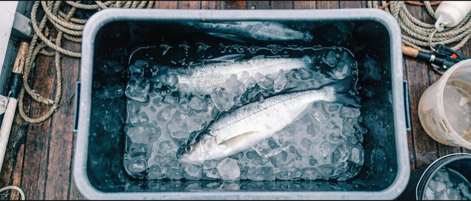 Two freshly caught silver fish submerged in a slurry of crushed ice and cold water inside a cooler