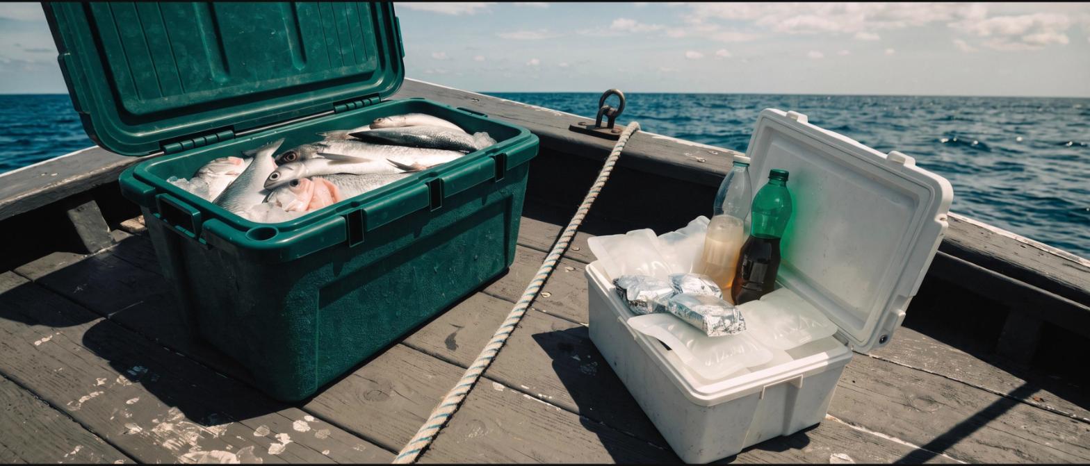Two coolers on a boat deck, one holding iced fish and a separate white one keeping drinks and wrapped food dry on gel packs